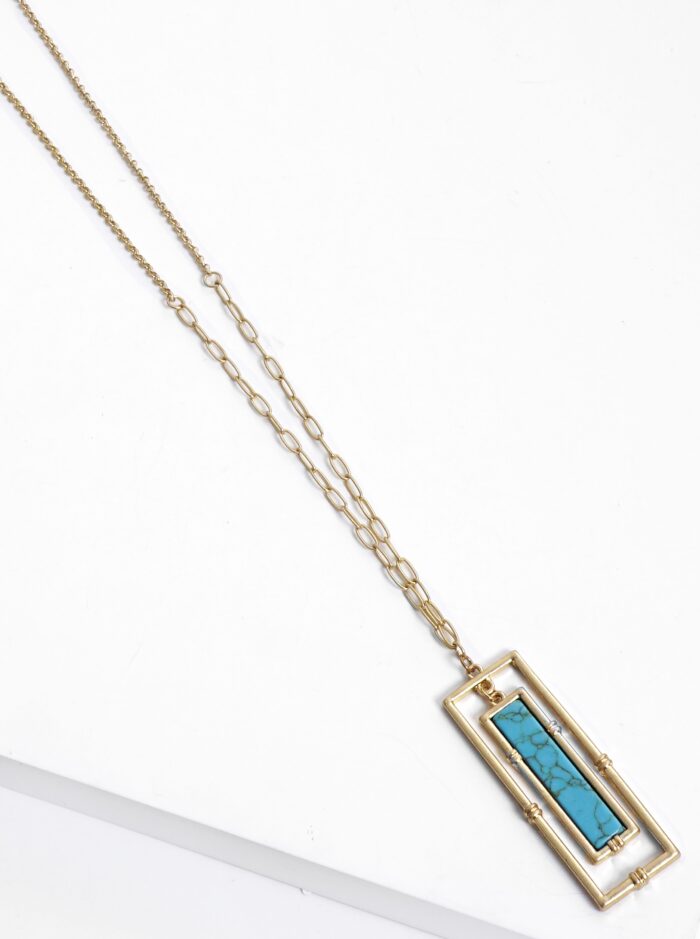 Rectangular Semi Precious Gem Double Pendant Long Necklace - Image 1