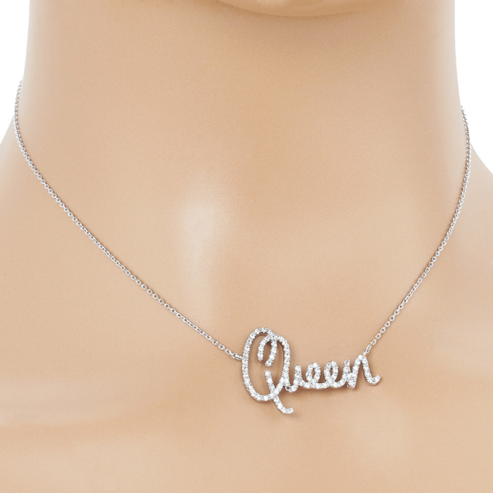 White Gold Dipped Cz Queen Message Pendant Necklace - Image 2