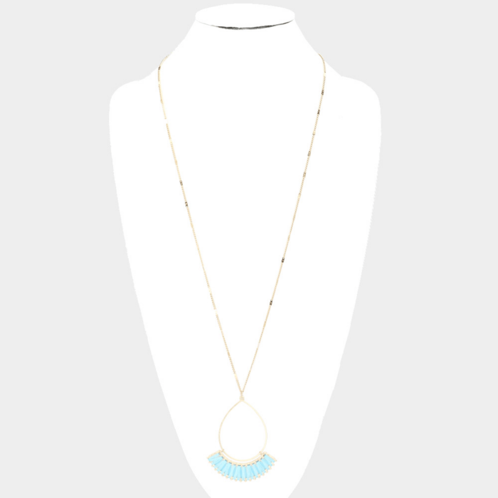 Wrapped Thread Open Metal Teardrop Pendant Long Necklace - Image 1