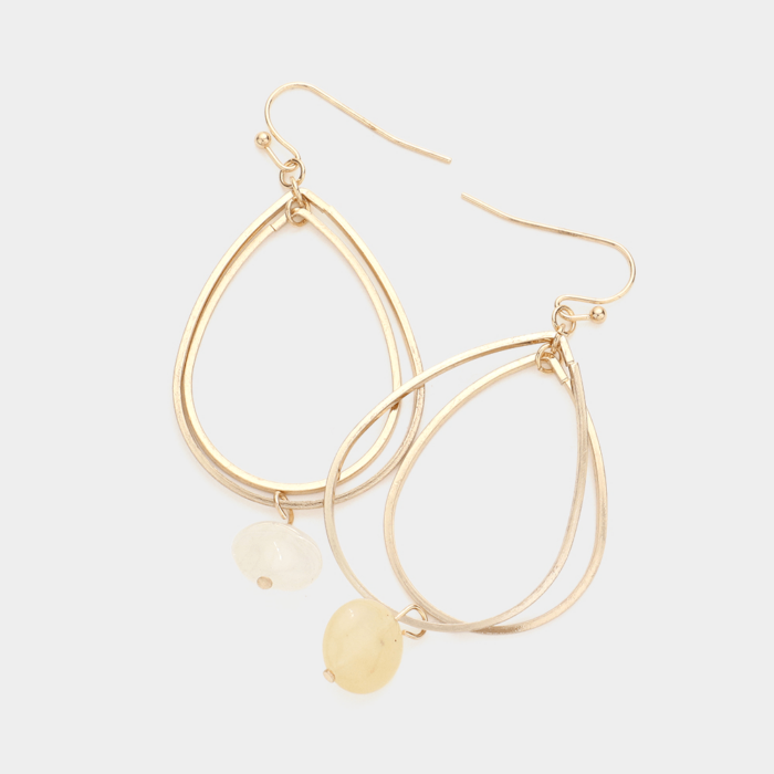 Natural Stone Accented Double Open Teardrop Link Dangle Earrings - Image 1