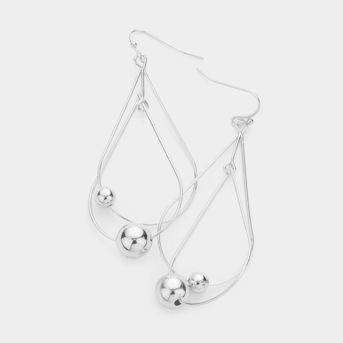 Metal Ball Accented Double Open Teardrop Link Dangle Earrings - Image 1
