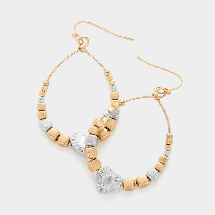 Heart Accented Open Metal Teardrop Dangle Earrings - Image 1