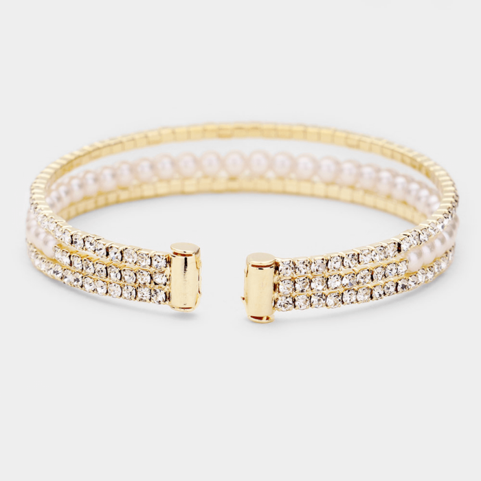 Rhinestone Pearl Evening Cuff Bracelet - Image 2