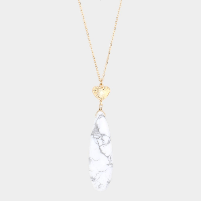 Metal Heart Teardrop Natural Stone Link Pendant Long Necklace - Image 1