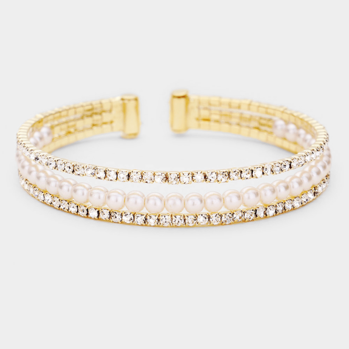 Rhinestone Pearl Evening Cuff Bracelet - Image 1