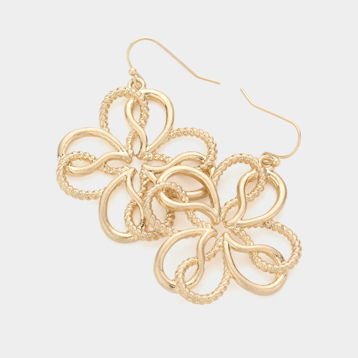 Textured Metal Open Flower Dangle Earrings - Image 1