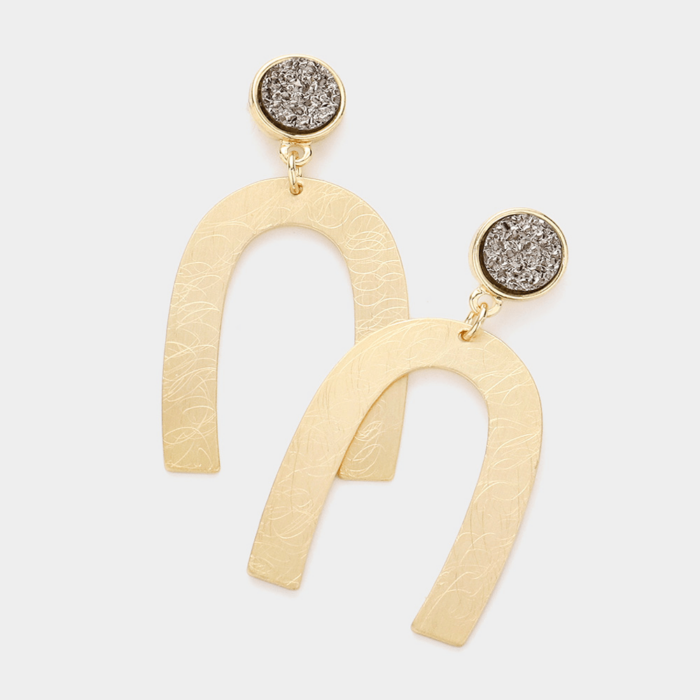 Round Druzy Scratched Metal Arch Link Dangle Earrings - Image 1