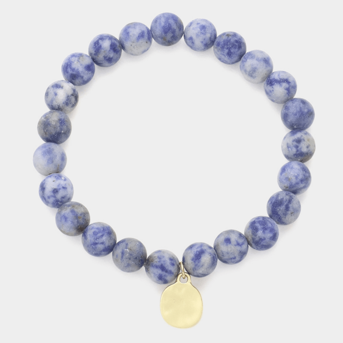 Natural Stone Hammered Metal Charm Stretch Bracelet - Image 1