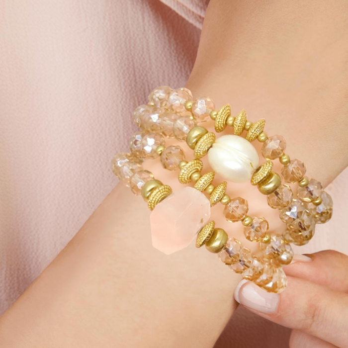 Pearl Accented Faceted Beads Stretch Bracelets - Image 1