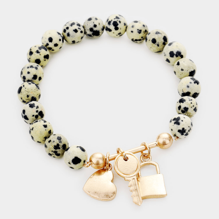 Semi Precious Metal Key Lock Heart Charm Stretch Bracelet - Image 1