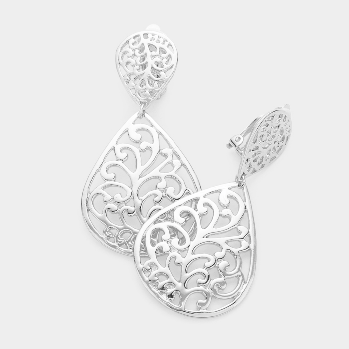 Filigreed Metal Teardrop Clip On Earrings - Image 1