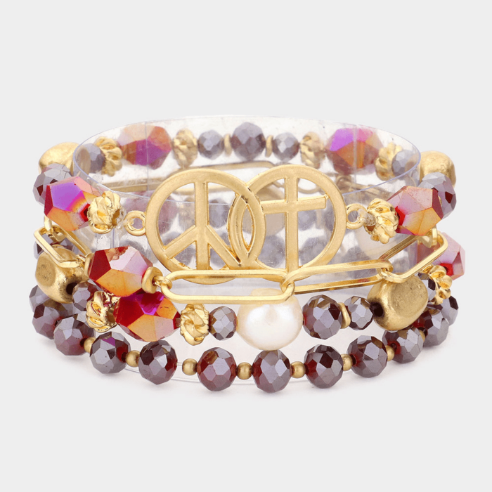 Peace Sign Cross Accented Faceted Beaded Bracelets - Image 1