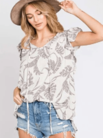 Plus Size Leaf Print Ruffle Sleeve Top