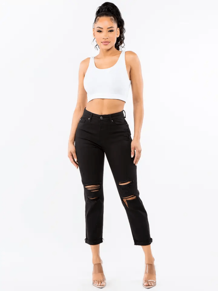 Plus Size High Waist Distressed Boyfriend Mom Jeans - Image 1