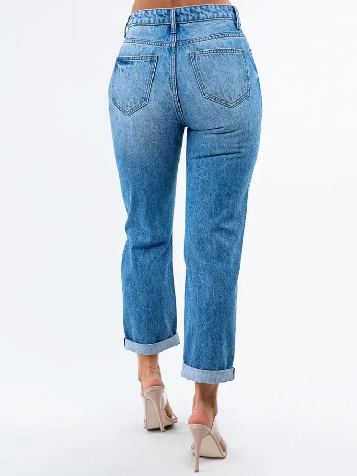 High Waist Distressed Boyfriend Blue Jeans - Image 2