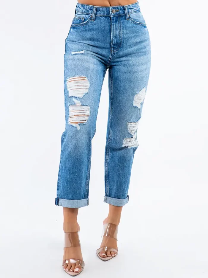 High Waist Distressed Boyfriend Blue Jeans - Image 4