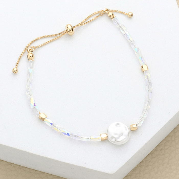 Pearl Accented Beaded Pull Tie Cinch Bracelet - Image 1