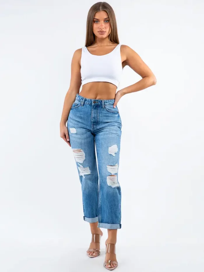 High Waist Distressed Boyfriend Blue Jeans - Image 1