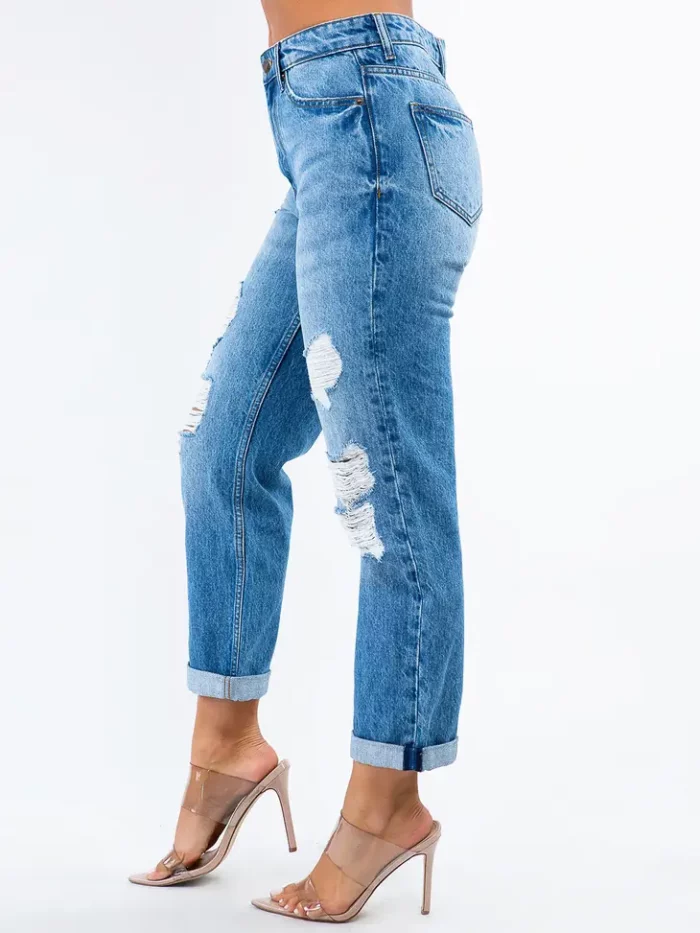 High Waist Distressed Boyfriend Blue Jeans - Image 3
