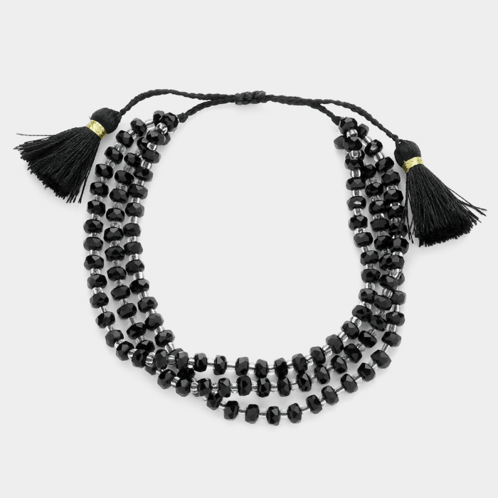 Faceted Beaded Triple Layered Tassel Pull Tie Cinch Bracelet - Image 1