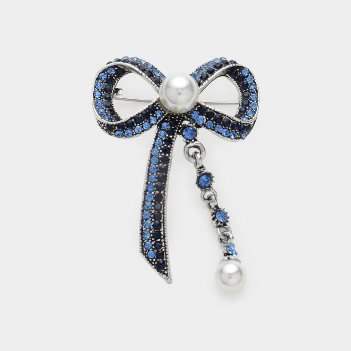 Pearl Accented Stone Paved Ribbon Pin Brooch - Image 1