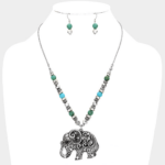 Natural Stone Burnished Metal Elephant Pendant Necklace Set - Image 2