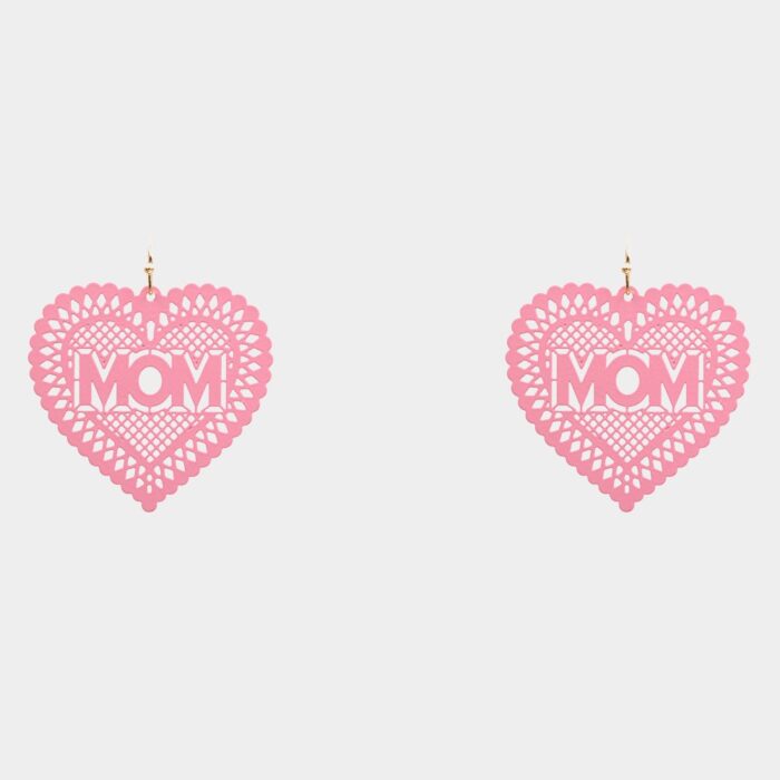 Mom Message Colored Brass Metal Heart Dangle Earrings - Image 1
