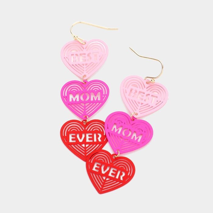 Best Mom Ever Message Triple Heart Link Dangle Earrings - Image 1