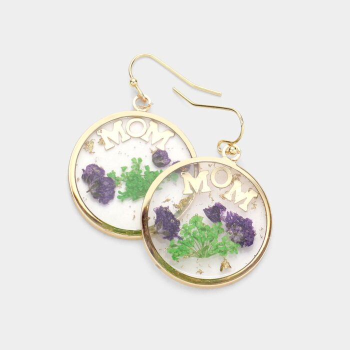 Mom Pressed Flower Clear Lucite Round Dangle Earrings - Image 1