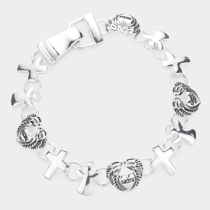 Mom Message Heart Wings Angel Cross Link Magnetic Bracelet - Image 1