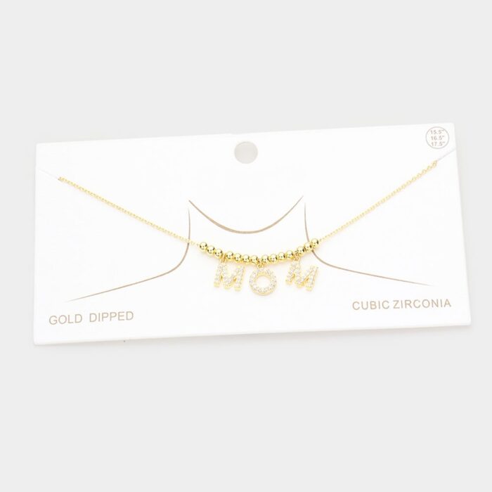Gold Dipped Cz Embellished Mom Message Pendant Necklace - Image 1