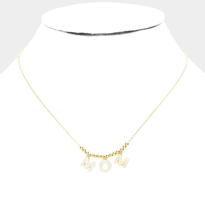 Gold Dipped Cz Embellished Mom Message Pendant Necklace - Image 2