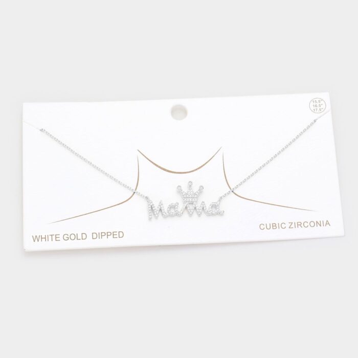 White Gold Dipped Cz Crown Mama Message Pendant Necklace - Image 1