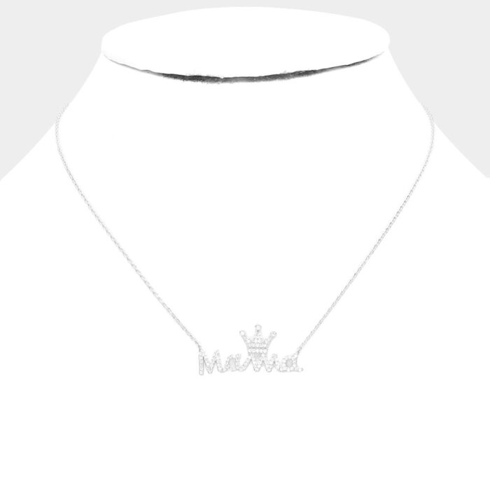 White Gold Dipped Cz Crown Mama Message Pendant Necklace - Image 2