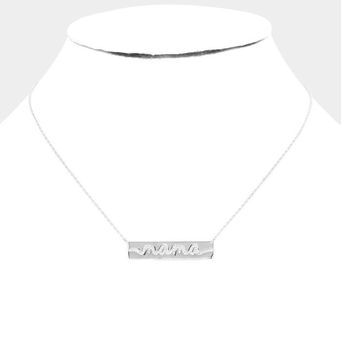White Gold Dipped Cz Mama Message Metal Bar Pendant Necklace - Image 2