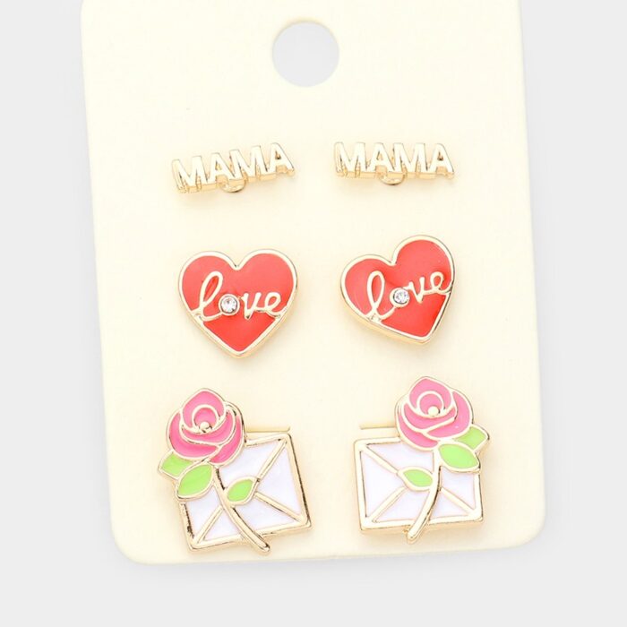 3Pairs - Metal Mama Enamel Love Heart Flower Letter Stud Earrings - Image 1