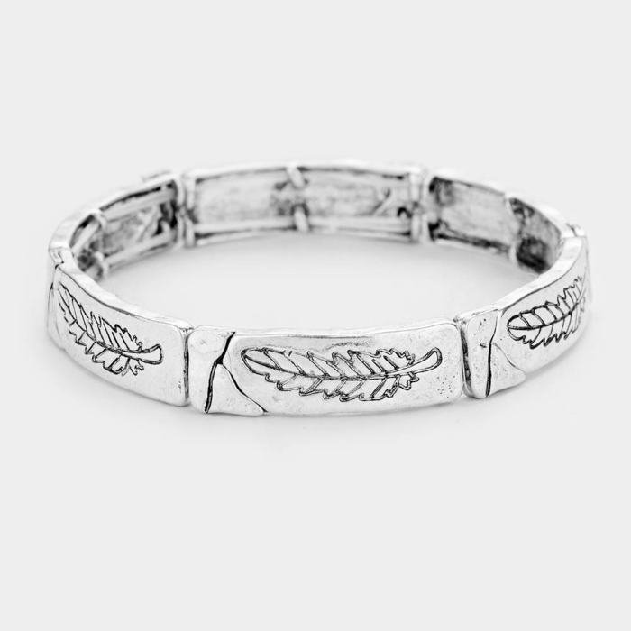 Feather Embossed Metal Stretch Bracelet - Image 1