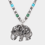 Natural Stone Burnished Metal Elephant Pendant Necklace Set - Image 3