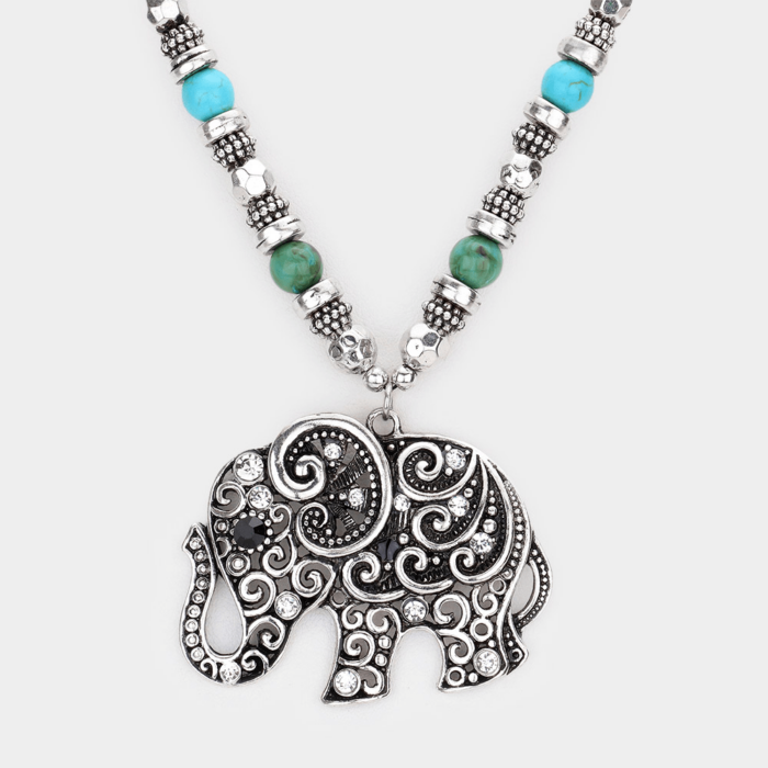 Natural Stone Burnished Metal Elephant Pendant Necklace Set - Image 3