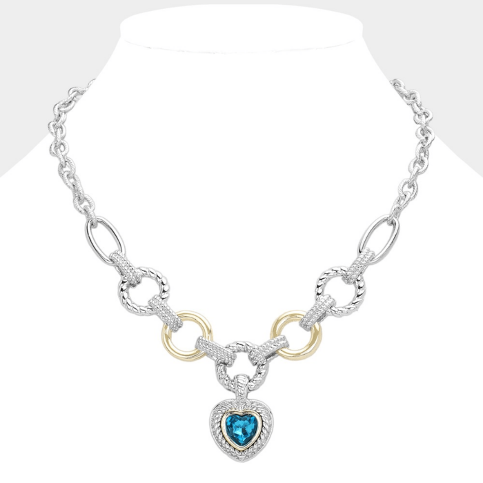 Heart Stone Pointed Pendant Two-Tone Textured Metal Link Toggle Necklace - Image 1