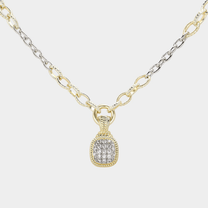 14K Gold Plated Two Tone Cz Stone Paved Square Pendant Necklace - Image 2