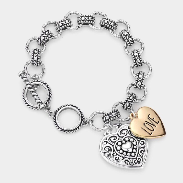 Antique Metal Heart Charm Toggle Bracelet - Image 1