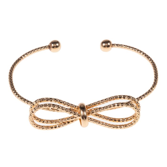 Textured Brass Metal Bow Accented Cuff Bracelet - Image 2