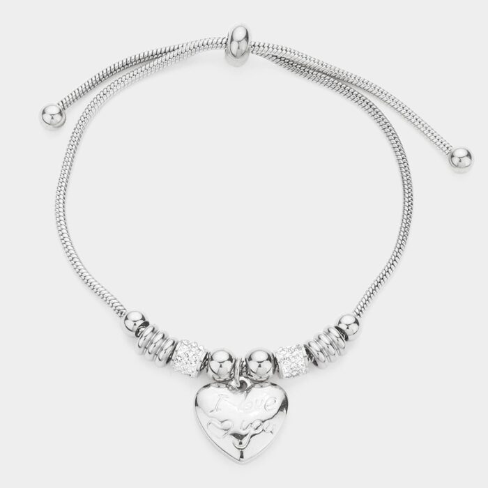 I Love You Message Engraved Heart Pendant Pull Tie Cinch Bracelet - Image 1
