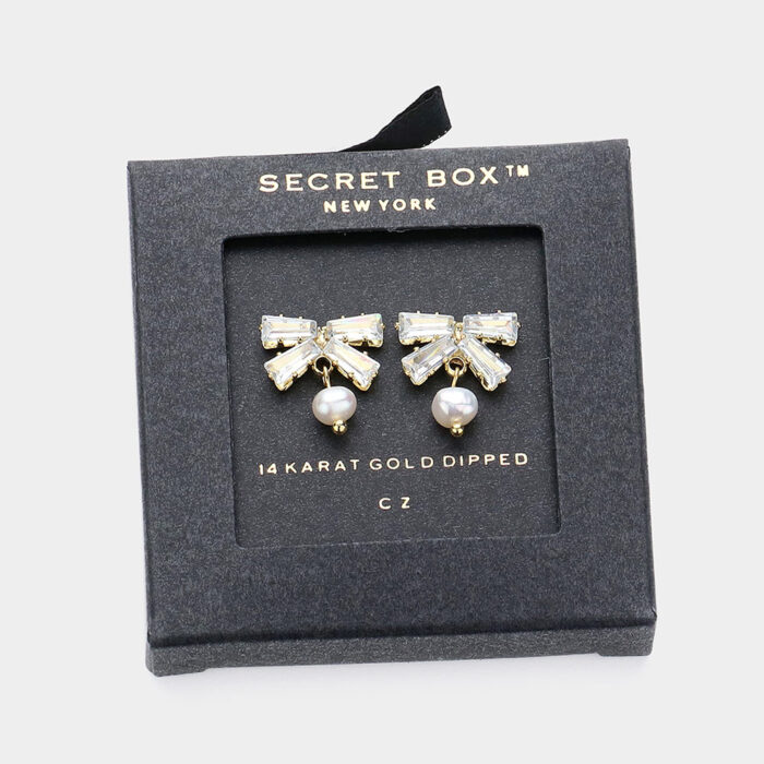 Secret Box 14K Gold Dipped Cz Stone Bow Pearl Pointed Earrings - Image 1