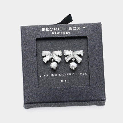 Secret Box Sterling Silver Dipped CZ Stone Bow Pearl Pointed Earrings