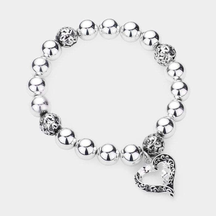 Antique Metal Open Heart Charm Stretch Bracelet - Image 1