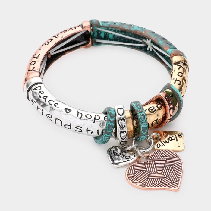 Friendship Message Heart Pendant Charm Metal Stretch Bracelet - Image 1