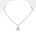 14K Gold Plated Two Tone CZ Stone Paved Square Pendant Necklace