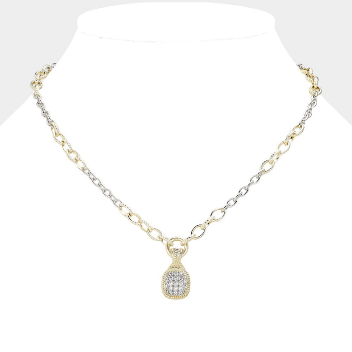 14K Gold Plated Two Tone Cz Stone Paved Square Pendant Necklace - Image 1